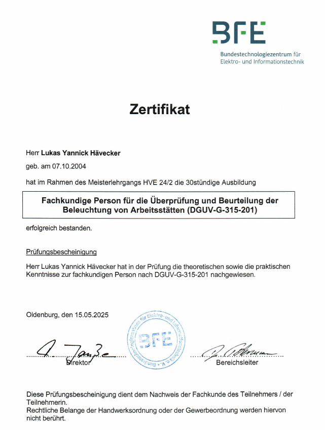 Zertifikat – Fachkundige Person für Beleuchtung von Arbeitsstätten (DGUV-G-315-201)